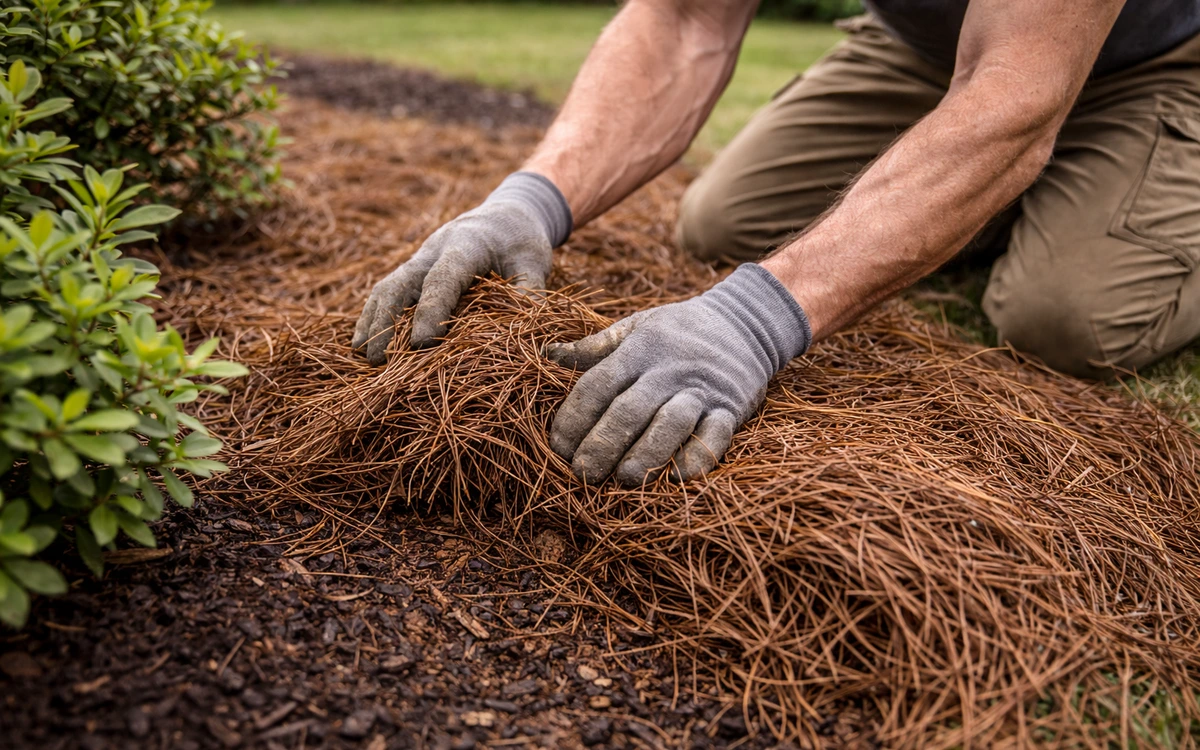 Pine straw installation landscape mulching